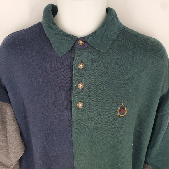 Vintage Bugle Boy Sweatshirt Men XL Green Blue Henley Cut & Sew Hip Hop 90s - Picture 2 of 9